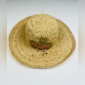 Vintage Straw Sun Hat Embroidered Floral Raffia Beach Garden Resort Boho Chic